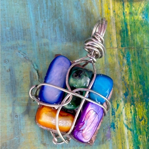Necklace Pendant, Handmade assemblage Wire Wrapped real Stones Resin Set 4300 G - Picture 7 of 10